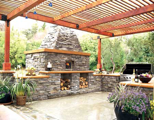 outdoor fireplace and pergola