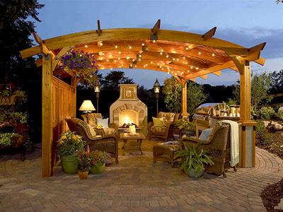 outdoor room, fireplace and pergola