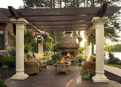 outdoor room columned pergola and fire pit